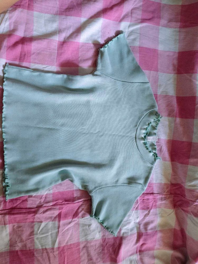 Cute Light Blue Ribbed Lettuce Hem Top