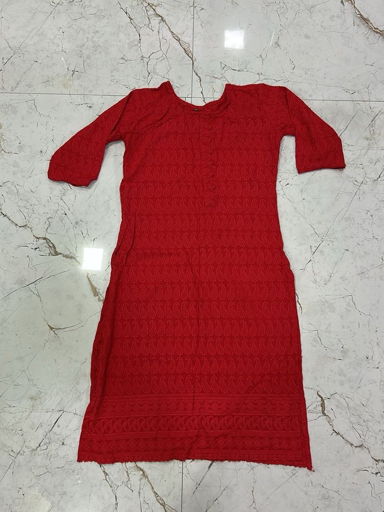 Vibrant Red Chikankari Kurta