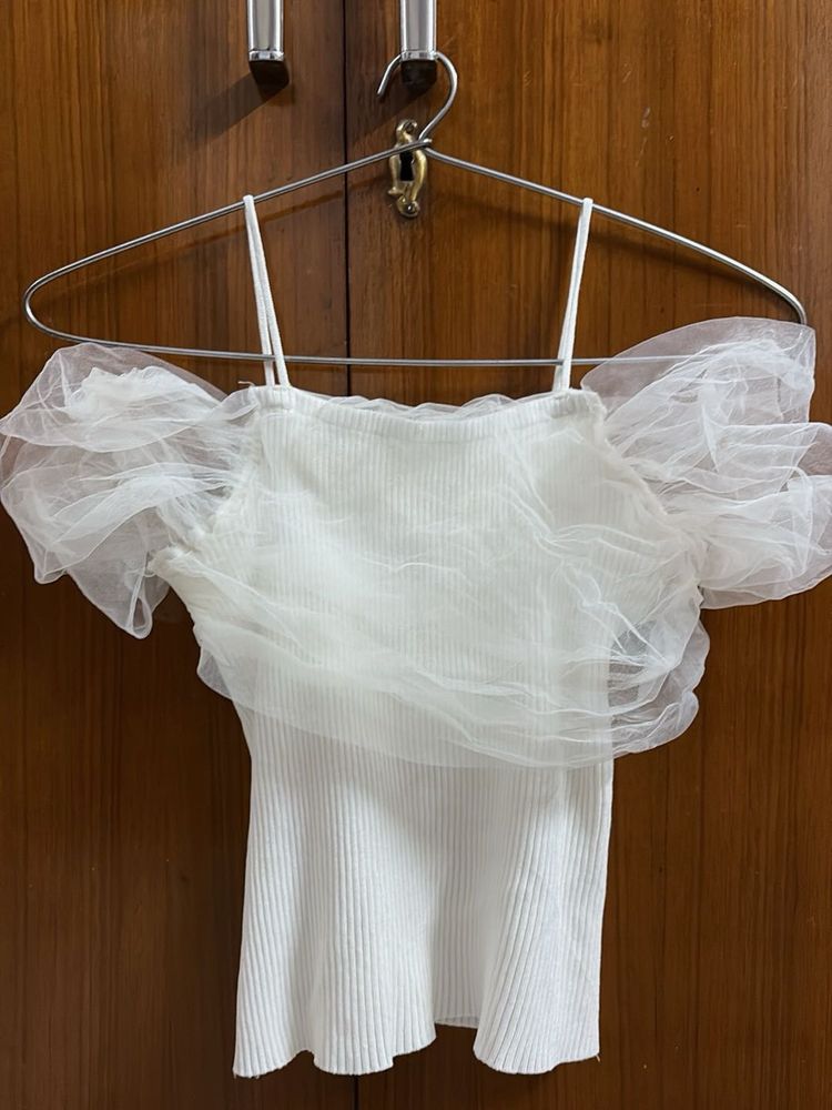 White Sheer Tulle Puff Sleeve Top