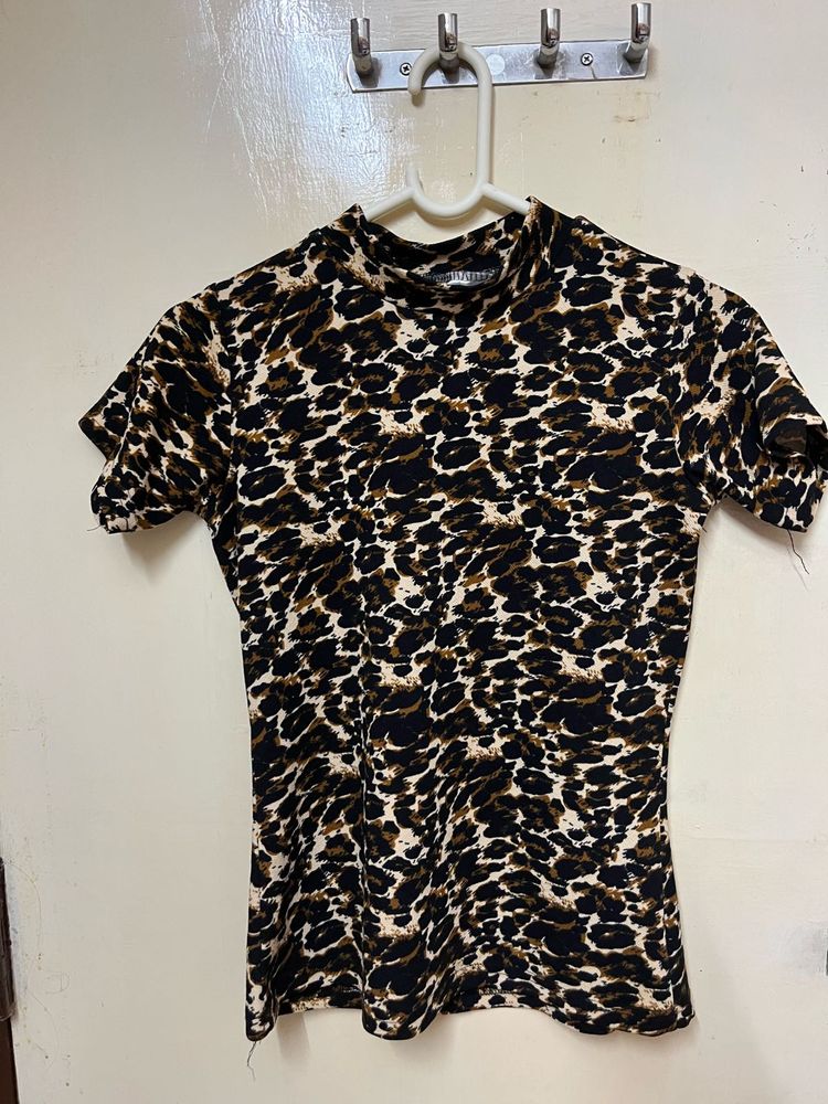 Leopard Print Mock Neck Top