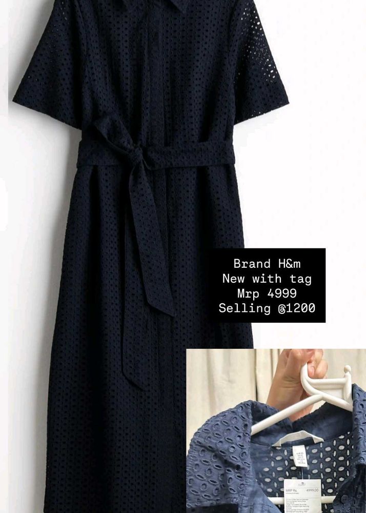H&amp;M Navy Broderie Midi Dress
