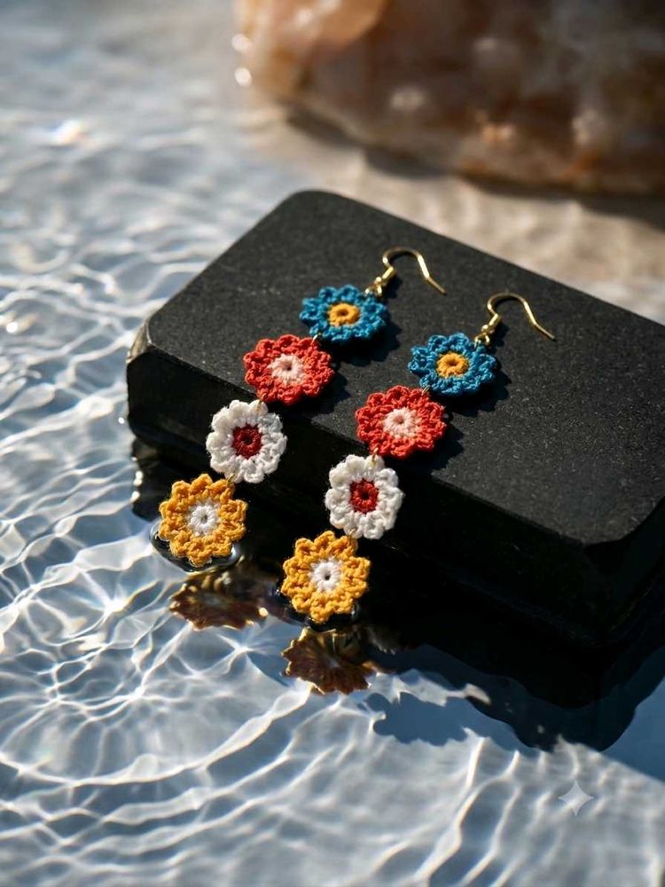 Long Handmade Crochet Flower Dangle Earrings
