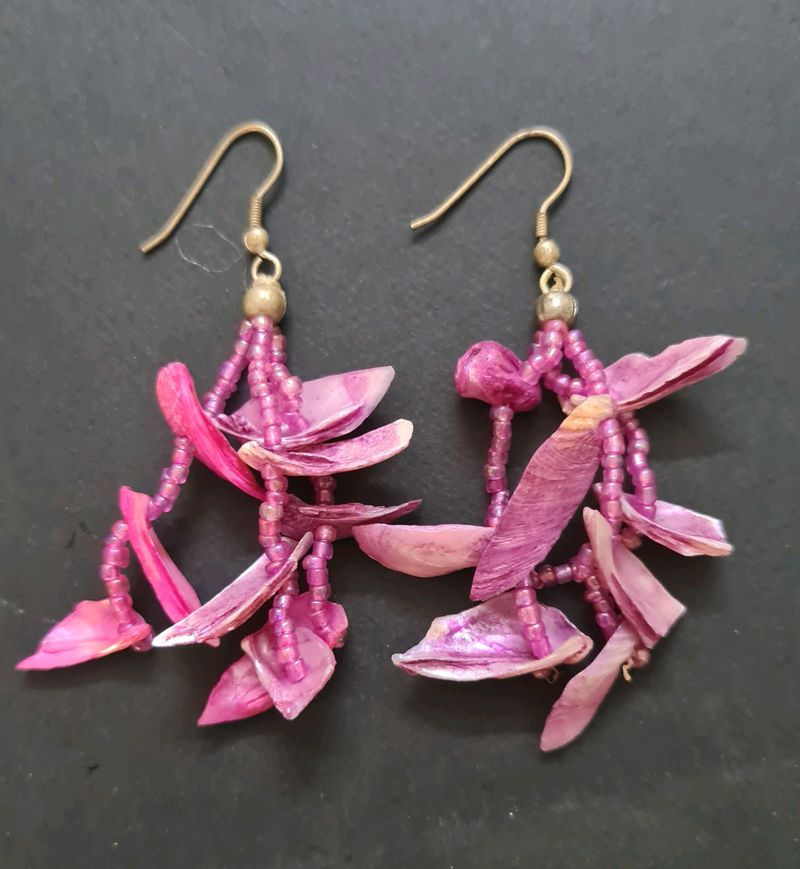 Rose Pink Unique Danglers Made From Shells &amp; Beads