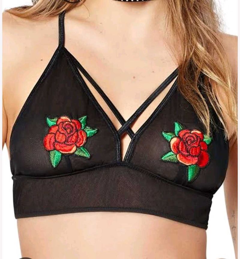 Black Embroidered Rose Bikini Top