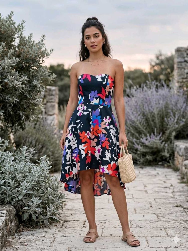 Strapless Floral High-Low Dress