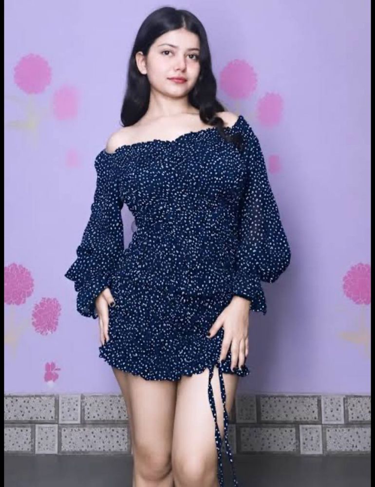 Chic Navy Polka Dot Off-Shoulder Dress