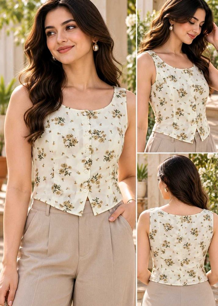 Floral Print Sleeveless Button-Up Top