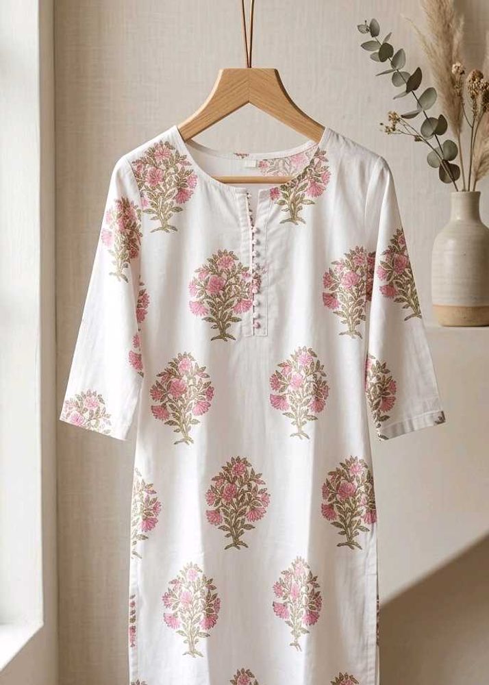 White Kurta with Pink Floral Print