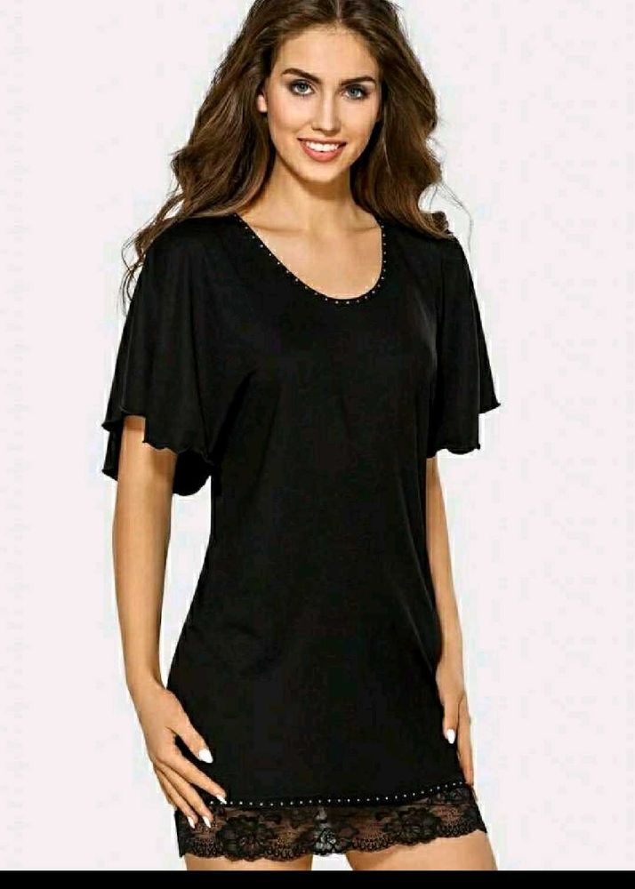 Black Lace Trim Tunic Top