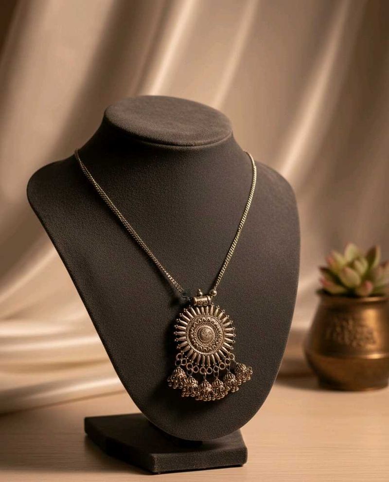Oxidized Silver Jhumka Pendant Necklace