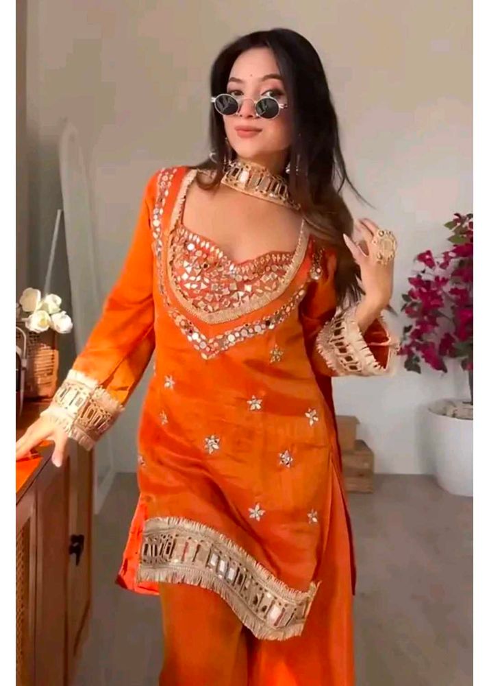 Stunning Orange Kurta Set with Mirror Work