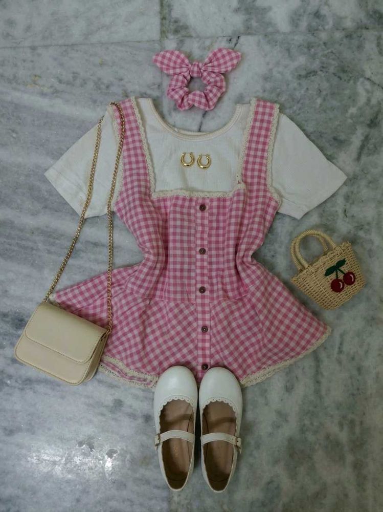 Pink Gingham Pinafore Dress Set