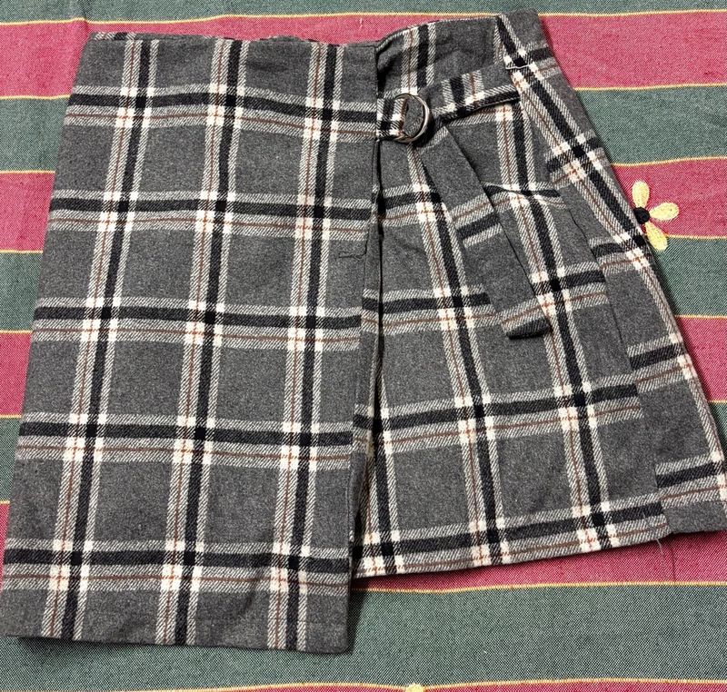 Plaid Mini Skirt with Buckle Detail