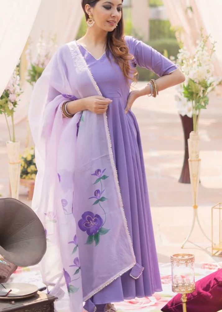 Lilac Anarkali Suit with Floral Dupatta