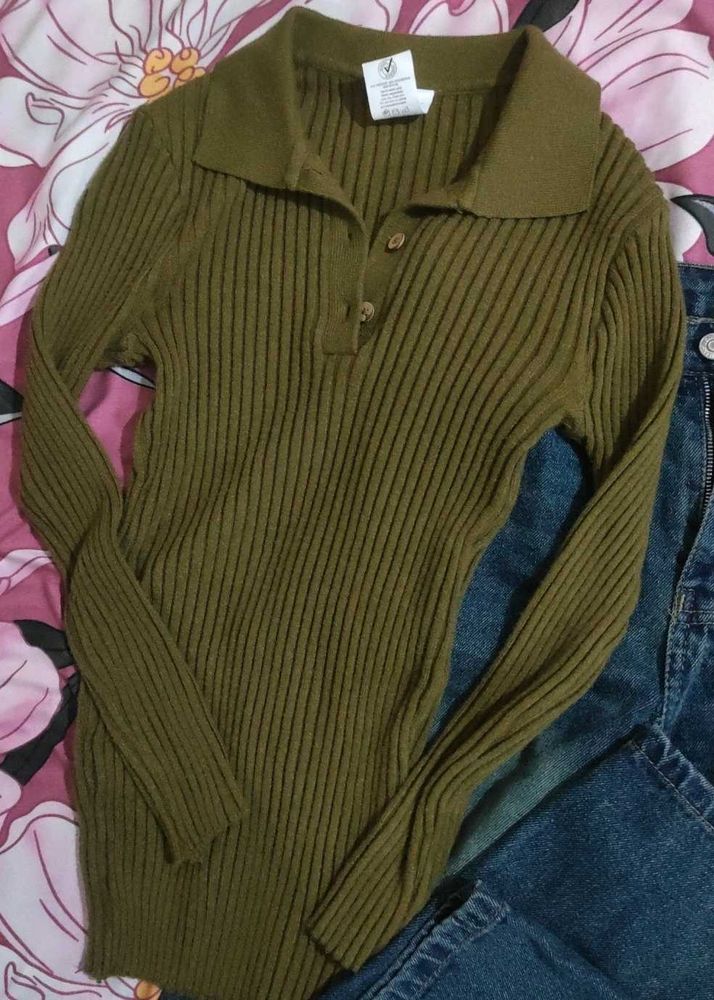 Olive Green Ribbed Collared top
