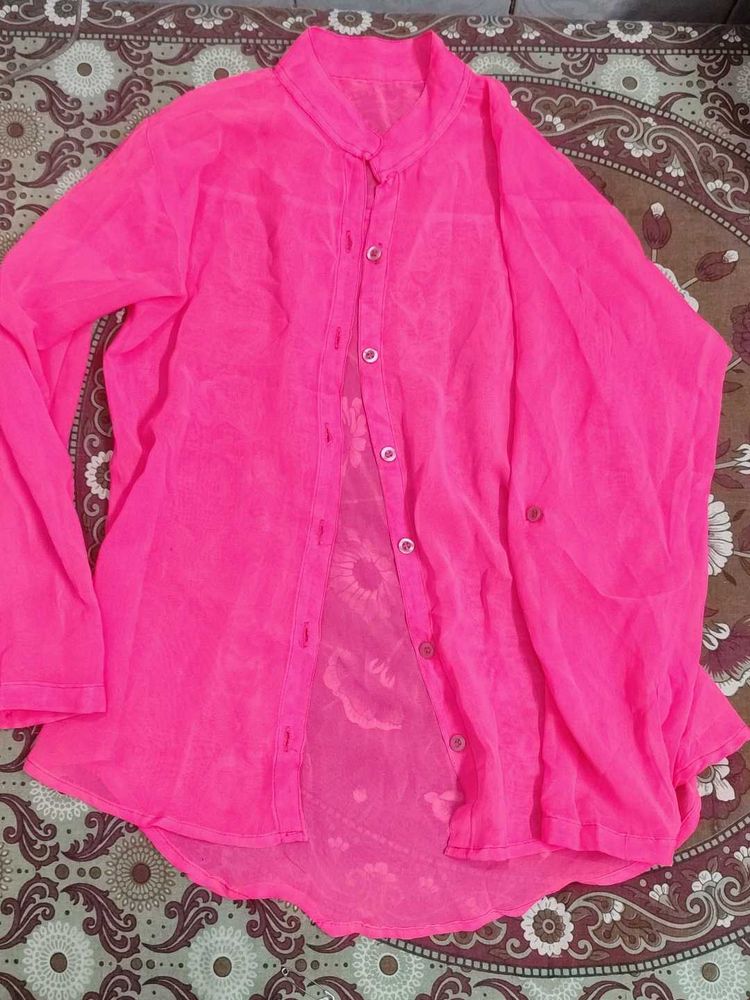 Bright Pink Sheer Button-Down Shirt