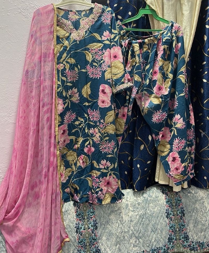 Floral Teal Kurta Set with Pink Dupatta