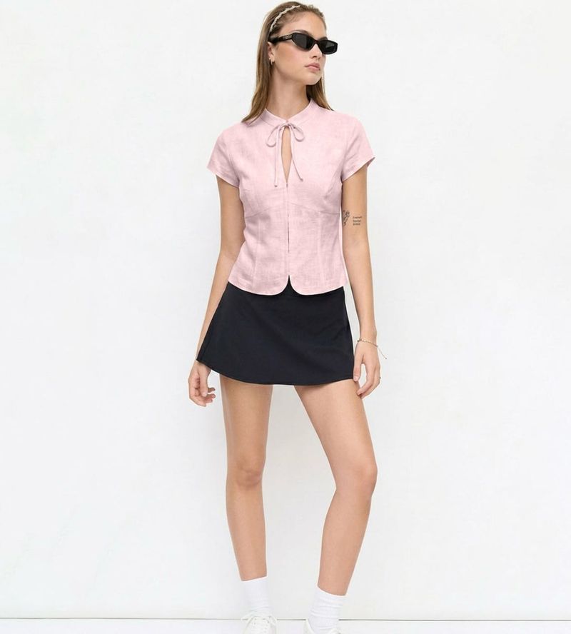 Light Pink Tie-Neck Short Sleeve Top