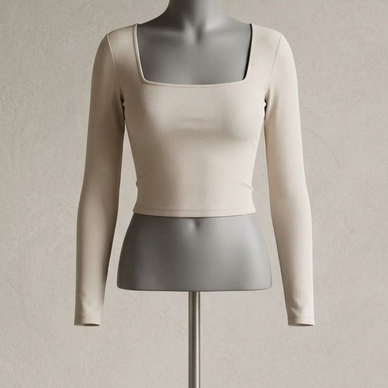 Cream Ribbed Square Neck Long Sleeve Top