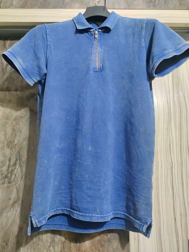 Vintage Blue Polo with Brass Zipper