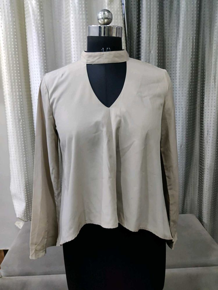 Beige Choker Neck Long Sleeve Blouse