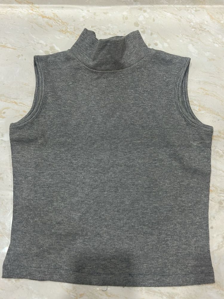 Sleek Grey Mock Neck Sleeveless Top