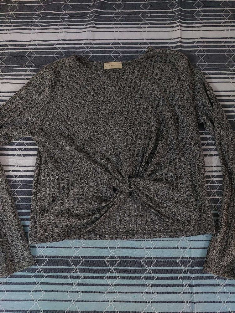 Grey Knitted Twist Front Top