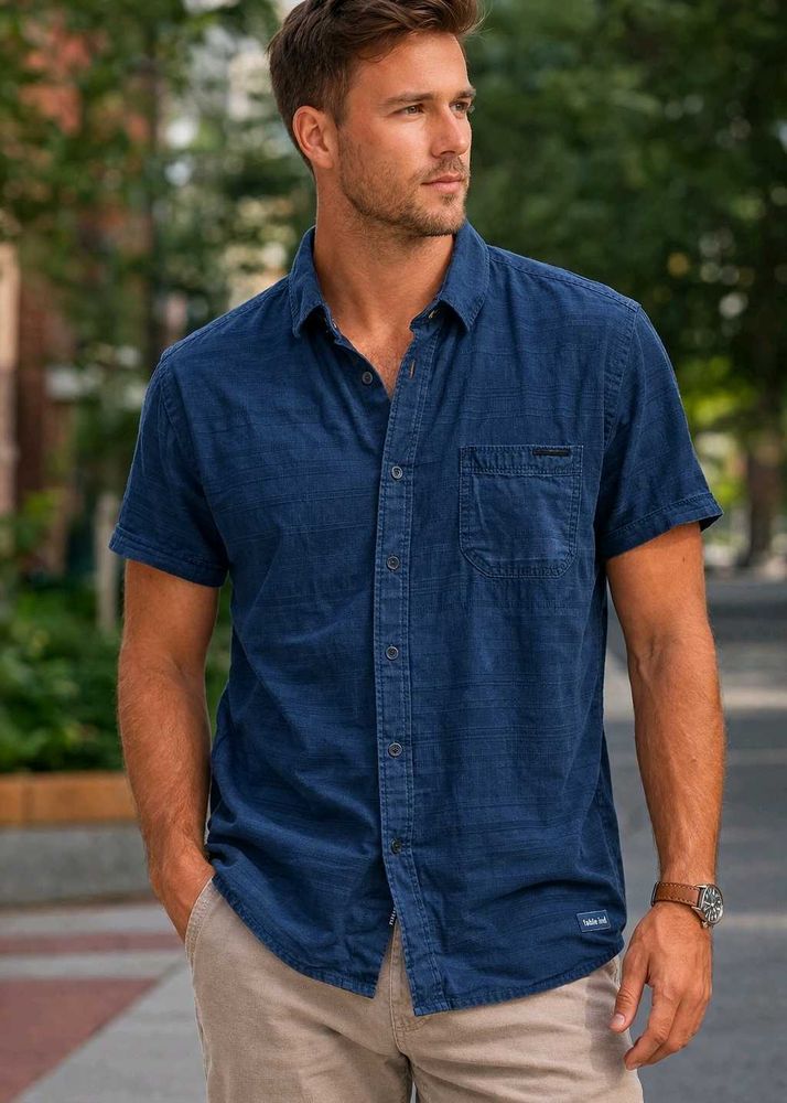 Men's Blue Short Sleeve Button-Up Shirt