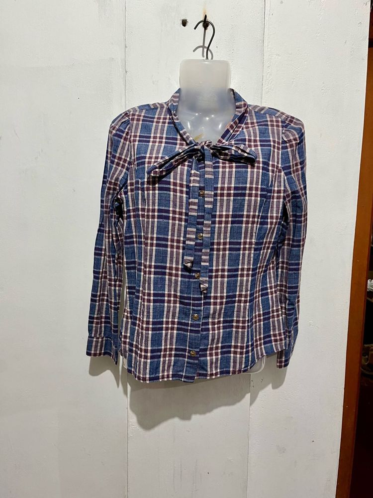 Plaid Button-Up Bow Neck Blouse