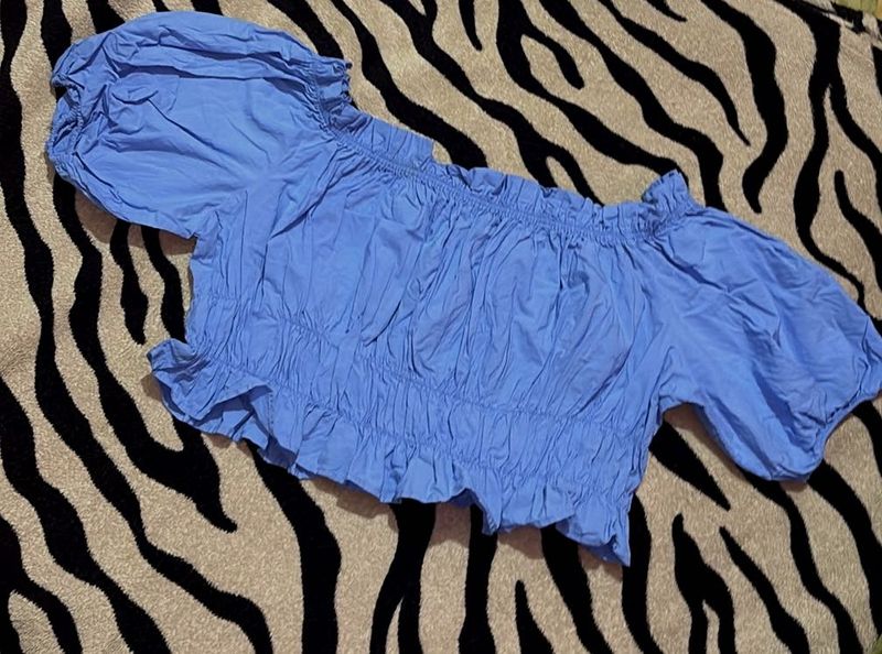 Blue Smocked Off-Shoulder Puff Sleeve Top