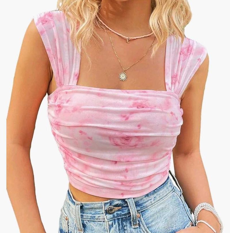 Pink Floral Mesh Ruched Crop Top