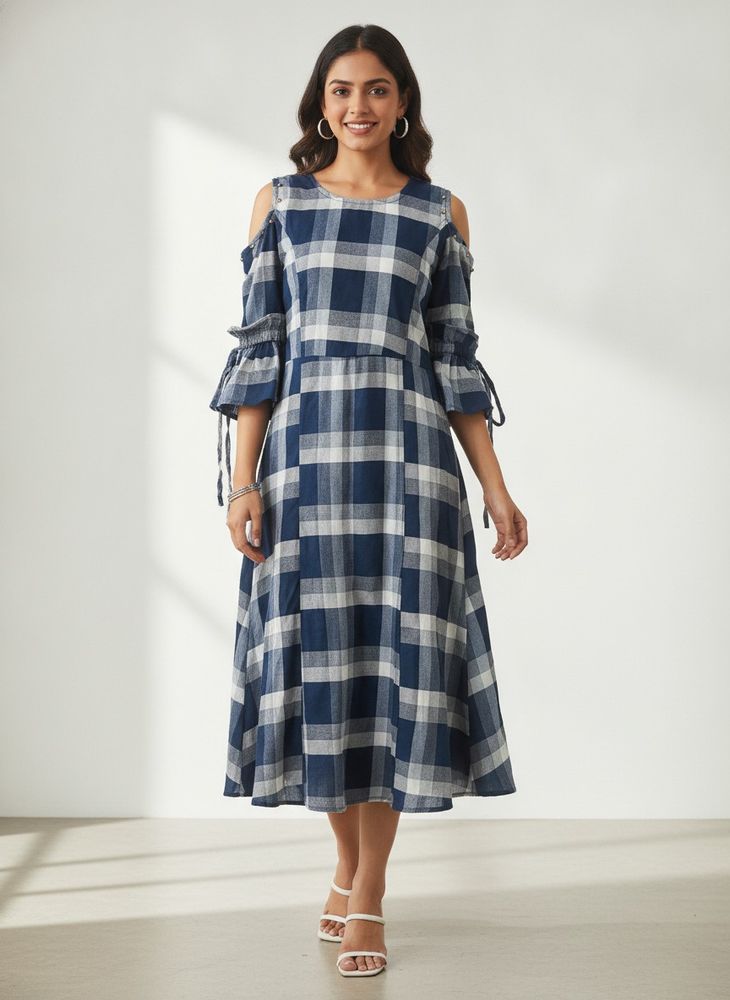 Stylish Korean Blue Cold Shoulder Dress