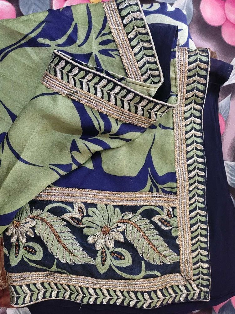 Embroidered Navy &amp; Green Floral saree