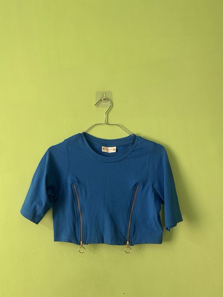 Blue Cropped Top with Zippers