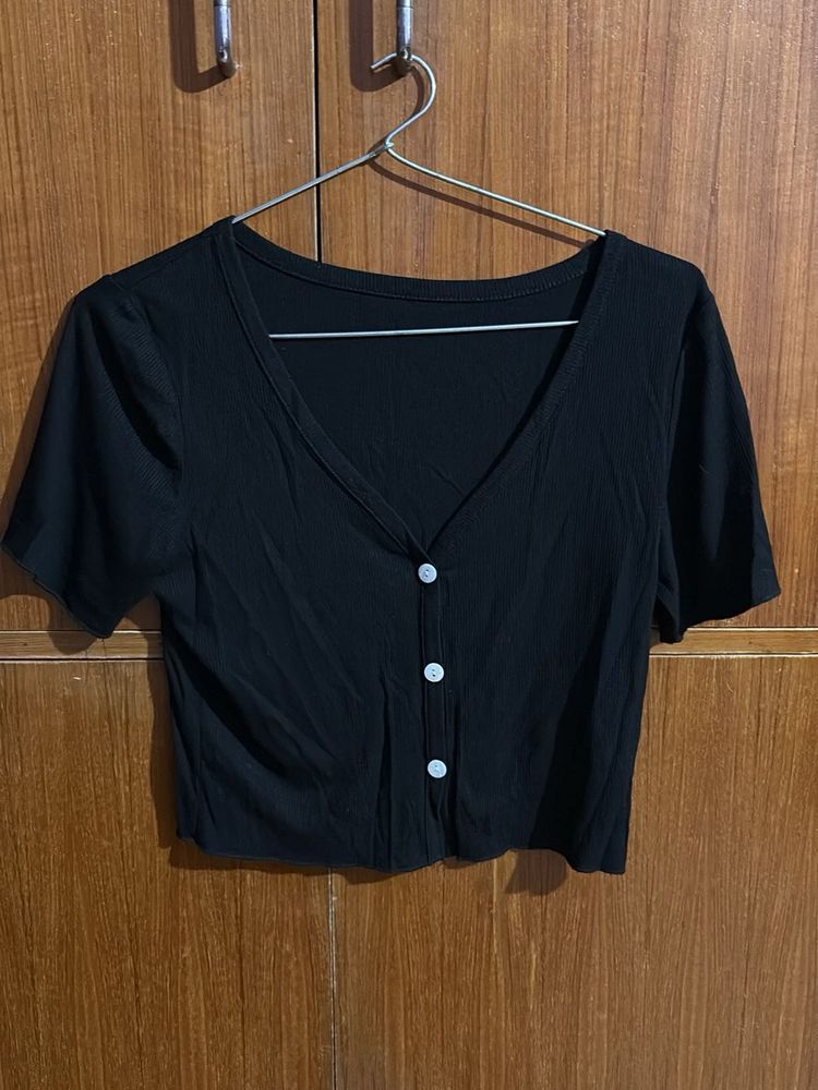Black Cropped Button-Up Top