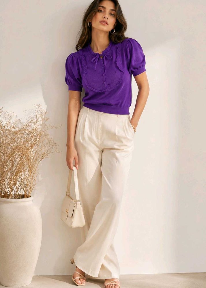 💜 MANGO SUIT Vibrant Purple Puff Sleeve Knit Top