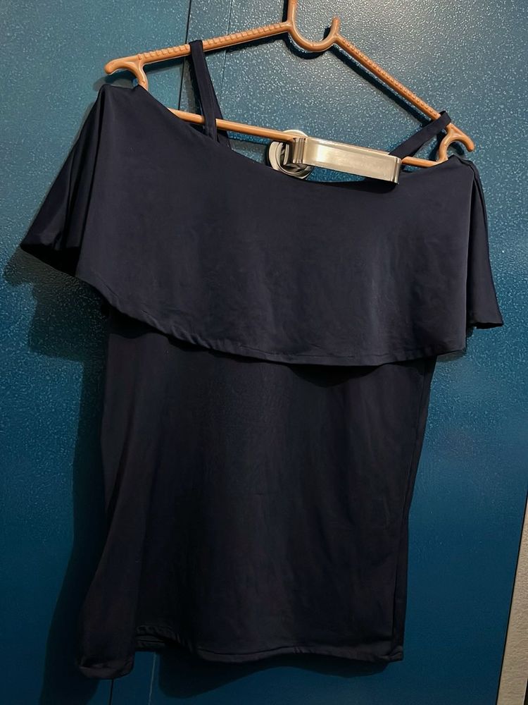 Navy Blue Off-Shoulder Ruffle Top