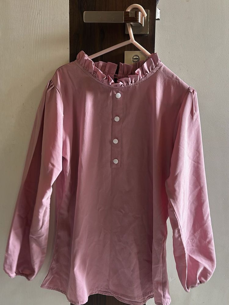 Pink Ruffled Neck Blouse