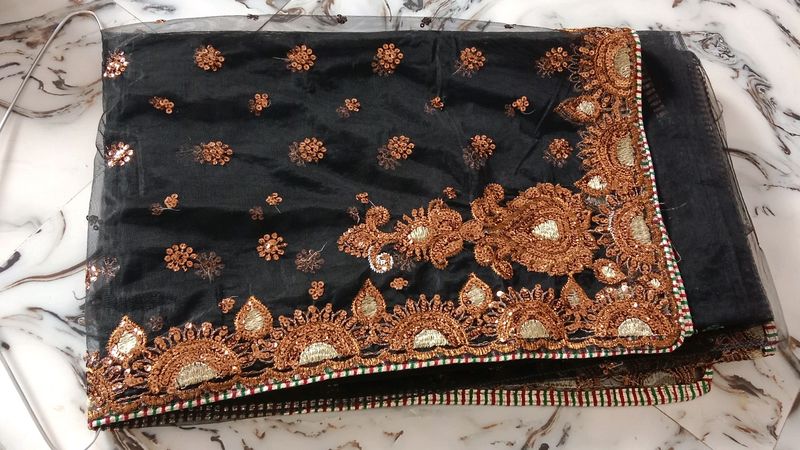 Net Black Saree With Golden Work