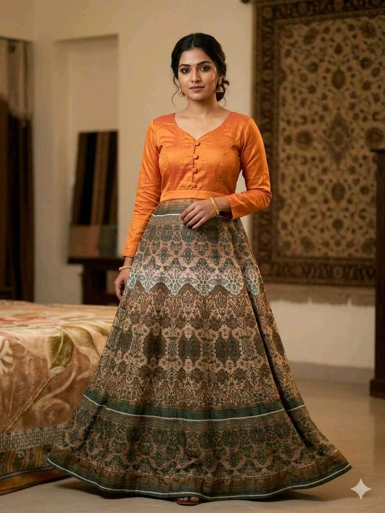 Elegant Orange &amp; Brown Printed Lehenga Choli