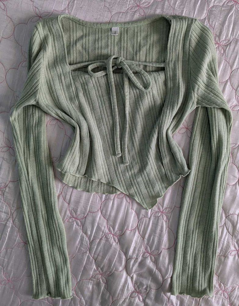 Ribbed Square Neck Tie-Front Top