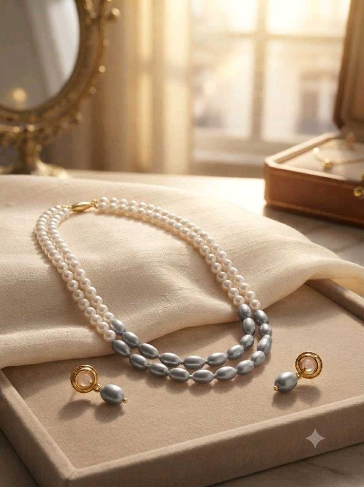 Elegant Double Strand Pearl Necklace &amp; Earrings