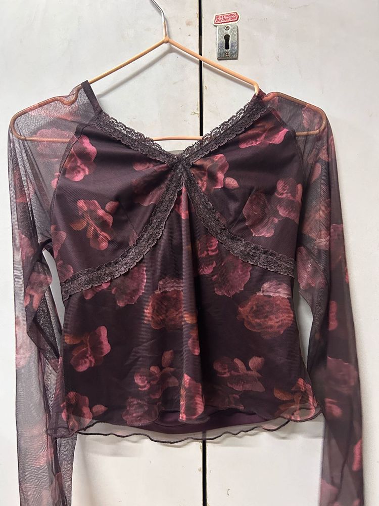 Sheer Floral Lace Trim Top