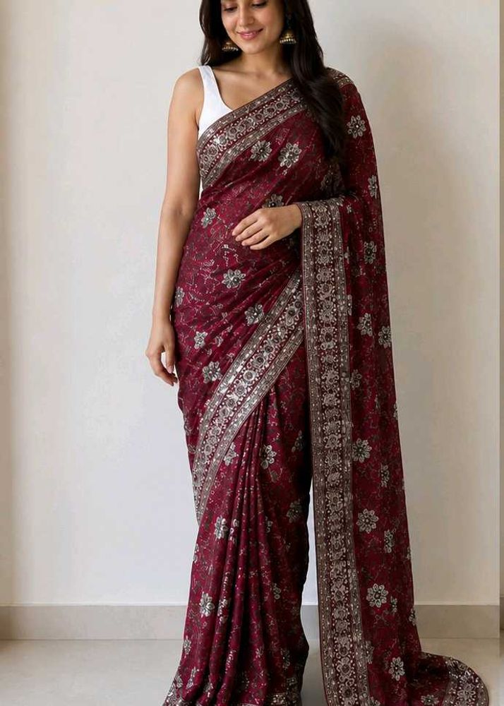Maroon Floral Embroidered Saree