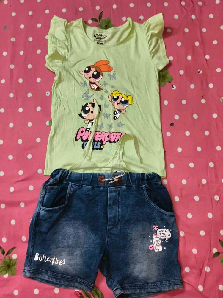 Cute Powerpuff Girls T-shirt &amp; Denim Shorts Set