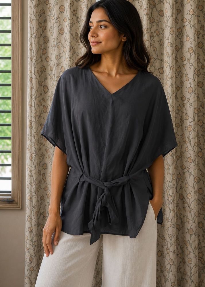 Elegant Black Tie-Waist Tunic Top