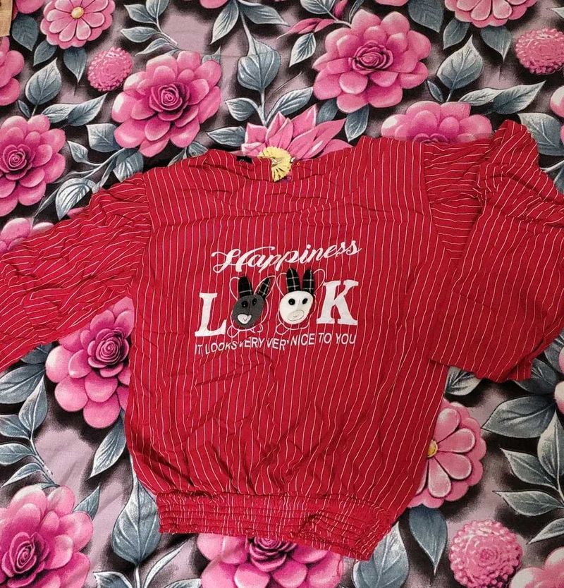 Cute Red Striped Top with Bunny Graphic