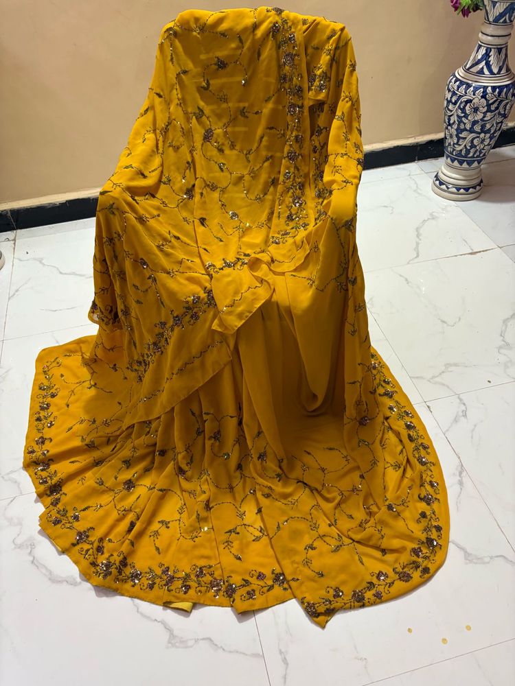 Yellow Sequined Silk Saree