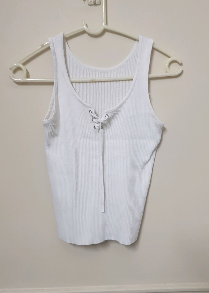 White Ribbed Top: Size S