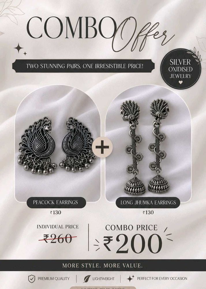 Oxidized Silver Peacock &amp; Jhumka Earring Combo
